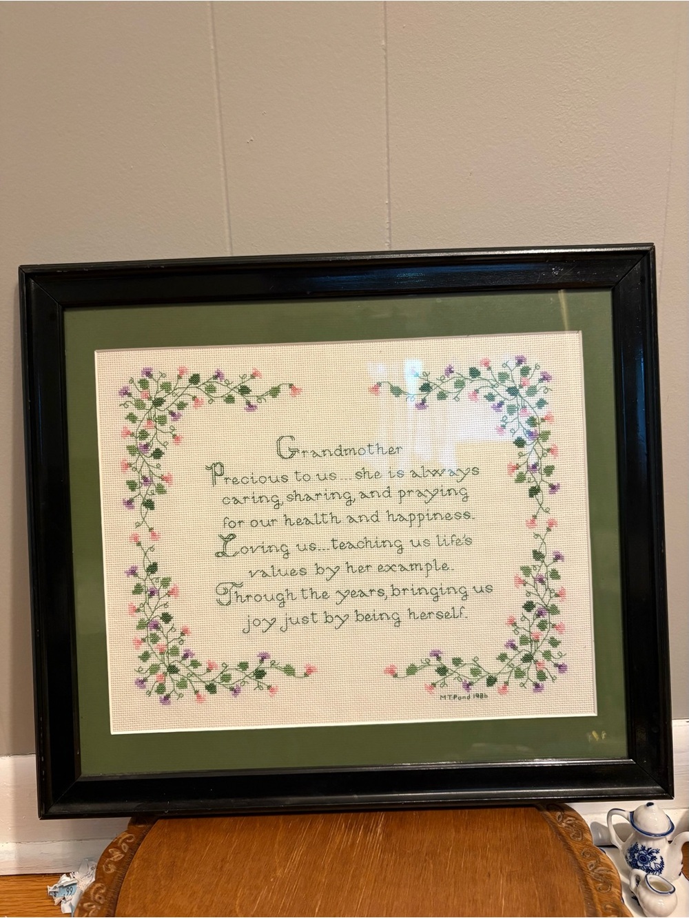 Professionally Framed Green Floral 'Grandmother' Cross-Stitch Wall Art